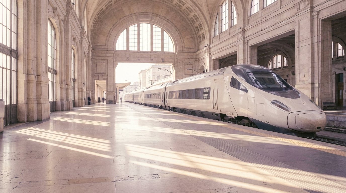 Morning light across the platform of a grand railway station in Milan
