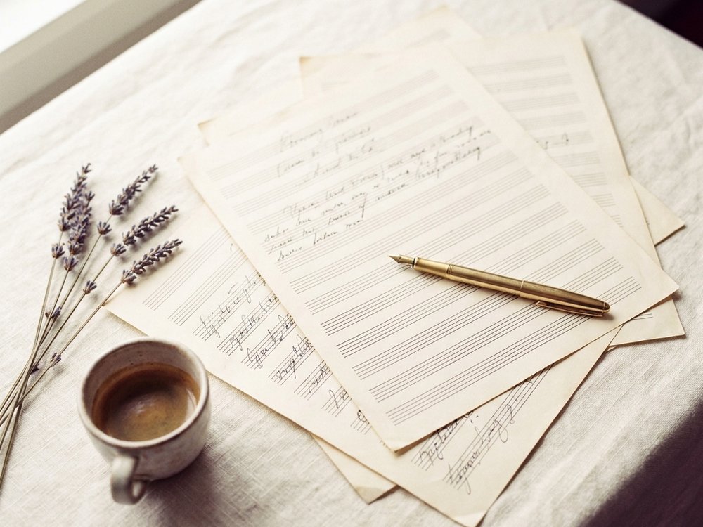 Handwritten lyric sheets on music manuscript paper beside lavender and espresso
