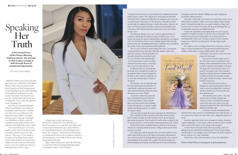 A two-page feature on Chilen Moya in AQUA Magazine titled Speaking Her Truth