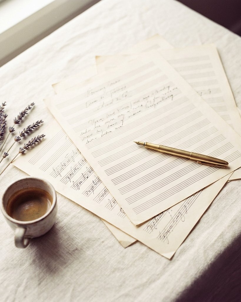 Handwritten lyric sheets on music manuscript paper with a gold fountain pen and lavender
